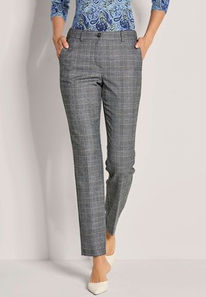 Gray plaid trousers with a tailored fit, featuring two front pockets, a zip fly, and a smooth, woven texture.