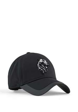Zwarte honkbalpet met gebogen klep, voorzien van een zwart-wit beeldmerk van een brullende panterkop op het voorpaneel.