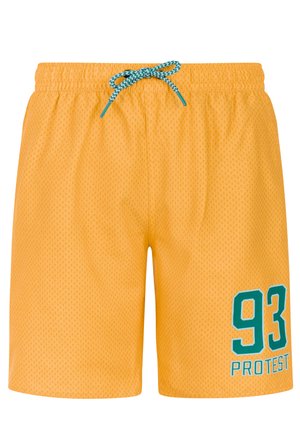 Gele mesh sportshorts met turquoise trekkoord en "93 PROTEST" in turquoise gedrukt op het onderste deel van het rechterbeen.