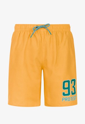 Gele mesh sportshorts met turquoise trekkoord en "93 PROTEST" in turquoise gedrukt op het onderste deel van het rechterbeen.