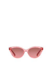 Occhiali da sole a forma di occhio di gatto con montatura trasparente rosa e lenti rosa sfumate. Texture liscia, forma arrotondata e sottile accento alle tempie.