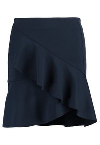 Jupe bleu marine avec un ourlet volé, présentant un design asymétrique et une texture lisse, fabriquée en tissu extensible.