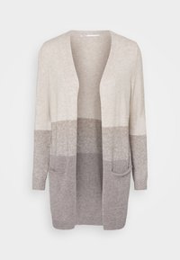 Lång öppen cardigan med två framfickor, som har en gradientstickning från ljusbeige upptill till grått nertill.