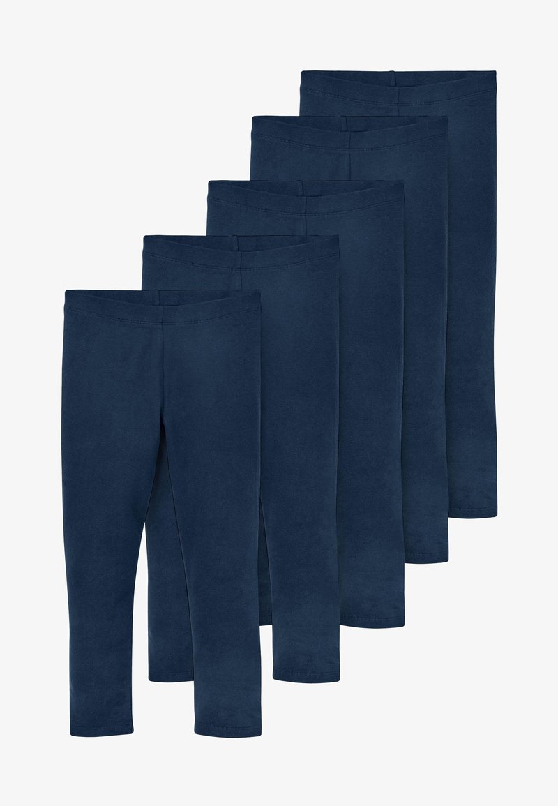 Tamno plave rastezljive tajice glatke teksture, s elastičnim pojasom i jednostavnim dizajnom. Prikazano pet pari u redu.