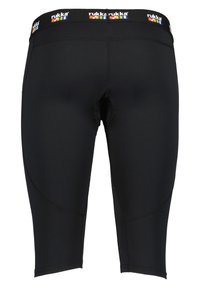 Black athletic shorts with a fitted design, featuring a wide waistband with multicolored "rukka" branding and smooth, stretchable fabric.