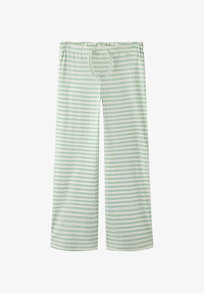 Světle zelené pyžamové kalhoty s volným střihem, s kostkovaným vzorem a elastickým pasem s šňůrkou pro úpravu.