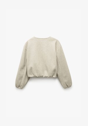 Felpa grigia chiara corta in morbido tessuto, con maniche lunghe a palloncino e un semplice design con colletto rotondo. Finitura testurizzata.