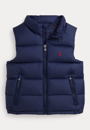 Vestă matlasată albastru marin fără mâneci, cu fermoar frontal, două buzunare cu fermoar și mic logo brodat roșu cu cal pe piept.