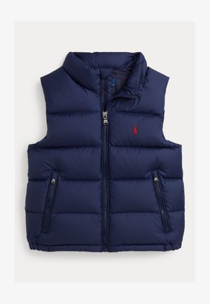 Tumesinine polsterdatud varrukateta vest ees tõmblukuga, kahe lukuga taskuga ja väikese punase tikitud hobuselogoga rinnal.