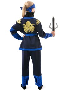 Ninja costume with blue and black fabric, featuring a gold octopus design on the back, tied with a blue belt, and holding a toy trident.