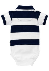 Korte mouwen polo rompertje in marineblauw met witte strepen, gemaakt van katoen, met een kraag, knoopsluiting en een detail van een achterzak.