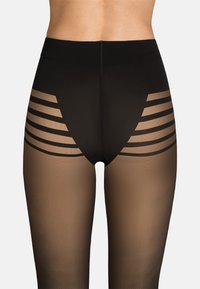 Collant neri con un design trasparente e ritagli a strisce orizzontali in vita. Il materiale è liscio ed elastico, offrendo un look aderente.
