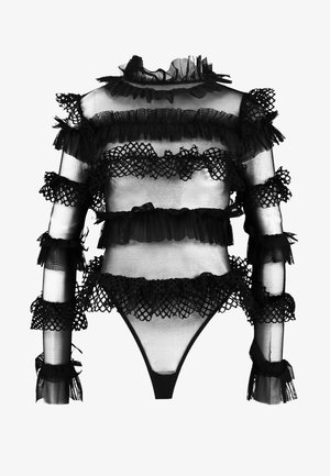 Haut noir en tissu transparent avec des volants superposés et des finitions en dentelle. Manches longues avec des accents froncés. Design ajusté avec un col haut.