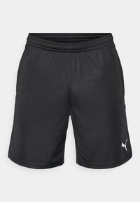 Sorte atletiske shorts laget av lett stoff, med elastisk midjebånd og Puma-logoen i hvitt nederst til høyre.