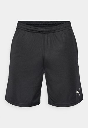 Zwarte sportshorts van lichtgewicht stof, met een elastische tailleband en het Puma-logo in het wit aan de onderzijde rechts.