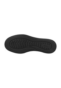 Semelle de chaussure en caoutchouc noir avec surface texturée. Présente des rainures et des perforations pour une traction et une flexibilité. Design léger, bords lisses.