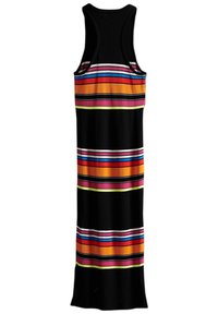 Robe longue noire côtelée avec des rayures horizontales vibrantes en orange, rose, bleu et vert. Sans manches avec un dos nageur.
