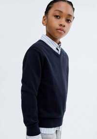 Sweatshirt bleu marin cu decolteu in V, fabricat dintr-un material moale, avand mansete si tiv cu striatii, purtat peste o camasa cu dungi albastre si albe.