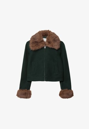 Skraćena zelena jakna s smeškolikim krznom na ovratniku i rukavima, koja ima prednji patentni zatvarač i dva bočna džepa. Glatka tekstura tkanine.
