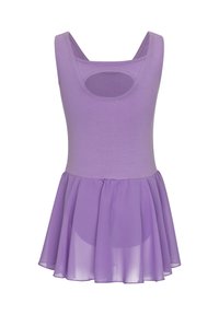 Robe de ballet violette sans manches avec un corsage ajusté, un dos découpé en rond, et une jupe fluide en mesh.