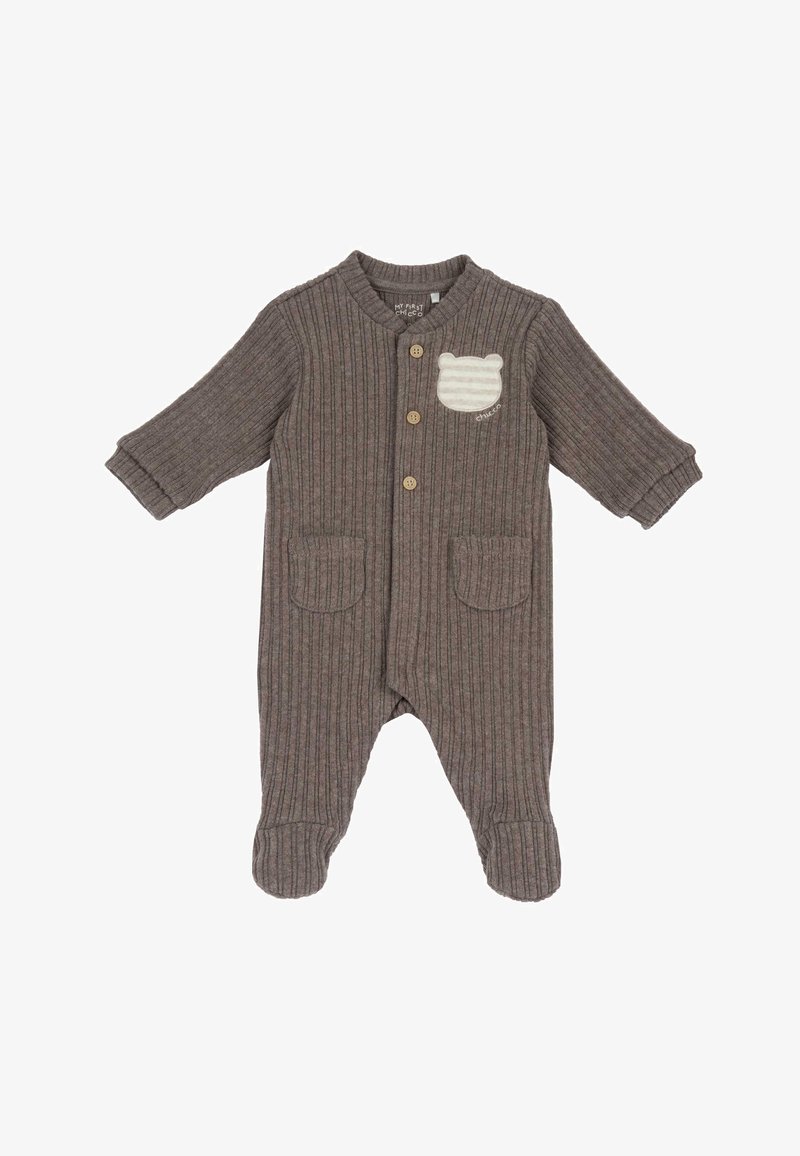 Body bébé marron côtelé avec boutons, manches longues, jambes avec pieds, deux poches avant, et une petite applique ours sur la poitrine.