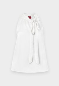 Top sans manches en satin blanc avec un col mandarin et un détail de nœud à l'avant. Texture lisse et design simple. Étiquette visible au niveau du col.