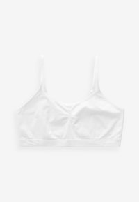 Witte katoenen bralette met verstelbare dunne bandjes, een gladde textuur en een ronde vorm. Eenvoudig ontwerp zonder extra patronen of hardware.