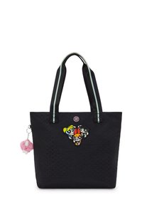Borsa a tracolla nera con design ricamato delle Powerpuff Girls. Presenta una bordatura azzurro chiaro e un portachiavi a pom pom rosa staccabile. Realizzata in materiale resistente.