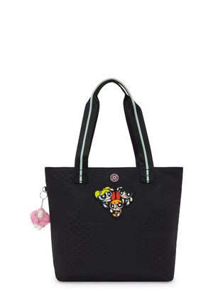 Sort tote bag med broderet Powerpuff Girls-design. Har lys blå trim og en aftagelig pink pom-pom nøglering. Fremstillet af holdbart materiale.
