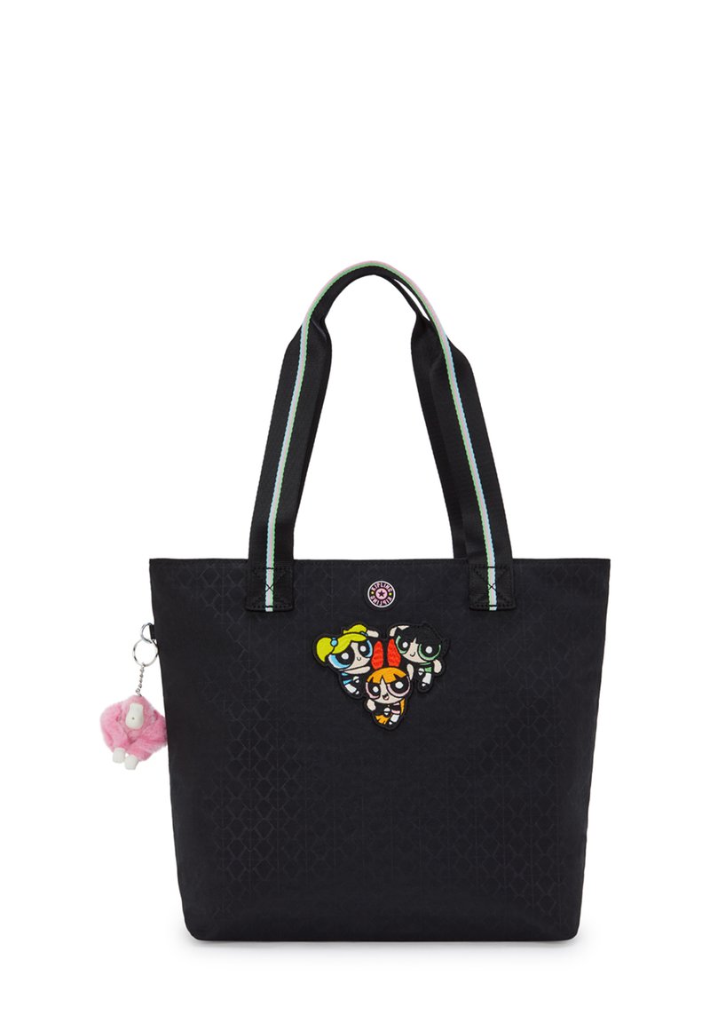 Borsa a tracolla nera con design ricamato delle Powerpuff Girls. Presenta una bordatura azzurro chiaro e un portachiavi a pom pom rosa staccabile. Realizzata in materiale resistente.