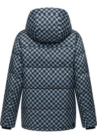 Juoda ir šviesiai mėlyna houndstooth rašto užpildyta striukė, turinti kapučoną ir elastinius rankogalius, su horizontaliomis siuvinėtomis sekcijomis.