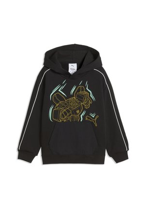 Felpa nera con cappuccio con grafica di robot gialla e blu, righe bianche sulle maniche, tasca frontale e logo Puma sul davanti.