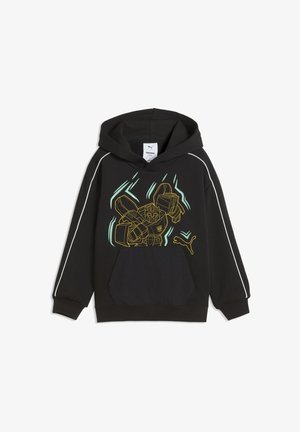 Czarna bluza z kapturem z żółto-niebieską grafiką robota, białe paski na rękawach, kieszeń z przodu i logo Puma z przodu.