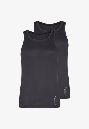 Débardeurs noirs en coton avec un col rond, présentant une texture lisse. Affichés en lot de deux, avec un logo minimaliste près de l'ourlet.