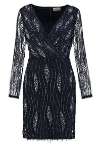 Modrá šaty s dlouhými rukávy, výstřihem do V a vzory vln z flitrů. Měkká tkanina s přiléhavým střihem a zapínáním na zip vzadu.