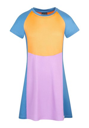 Short-sleeve A-line dress with blue sleeves and sides, an orange upper front, and a lavender lower front panel.