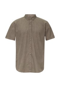 Korte mouw knoopshirt in een gestructureerde bruine stof met een subtiel patroon en een klassieke kraag. Voorzien van een knoopsluiting en een afgeronde zoom.