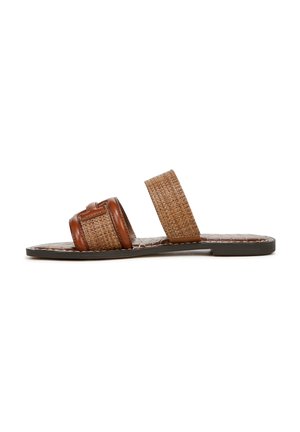 Brown leather and woven straw slide sandal with a flat sole, featuring two wide straps, one with a small accent detail.