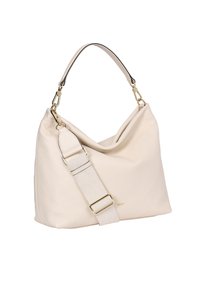 Cream leather handbag with a soft, slouchy design, a single shoulder strap, and a detachable fabric strap featuring metallic hardware accents.
