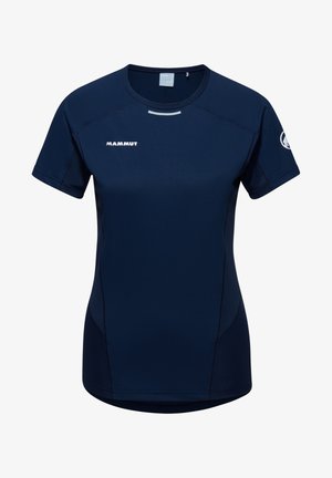 Marineblauw sportshirt met korte mouwen, gemaakt van een gladde, vochtafvoerende stof. Beschikt over een ronde hals en een reflecterend logo op de voorkant.