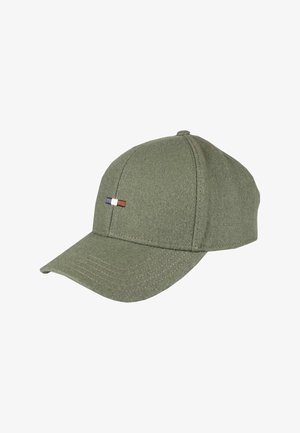 Olive green baseball cap with curved brim and small embroidered red, white, and blue rectangular logo on the front panel.