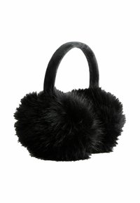 Schwarze Tasche mit abgerundetem, kuscheligem Design, zwei großen Kunstpelz-Pompons, einem glatten Stoffgriff und ohne sichtbare Metallbeschläge.