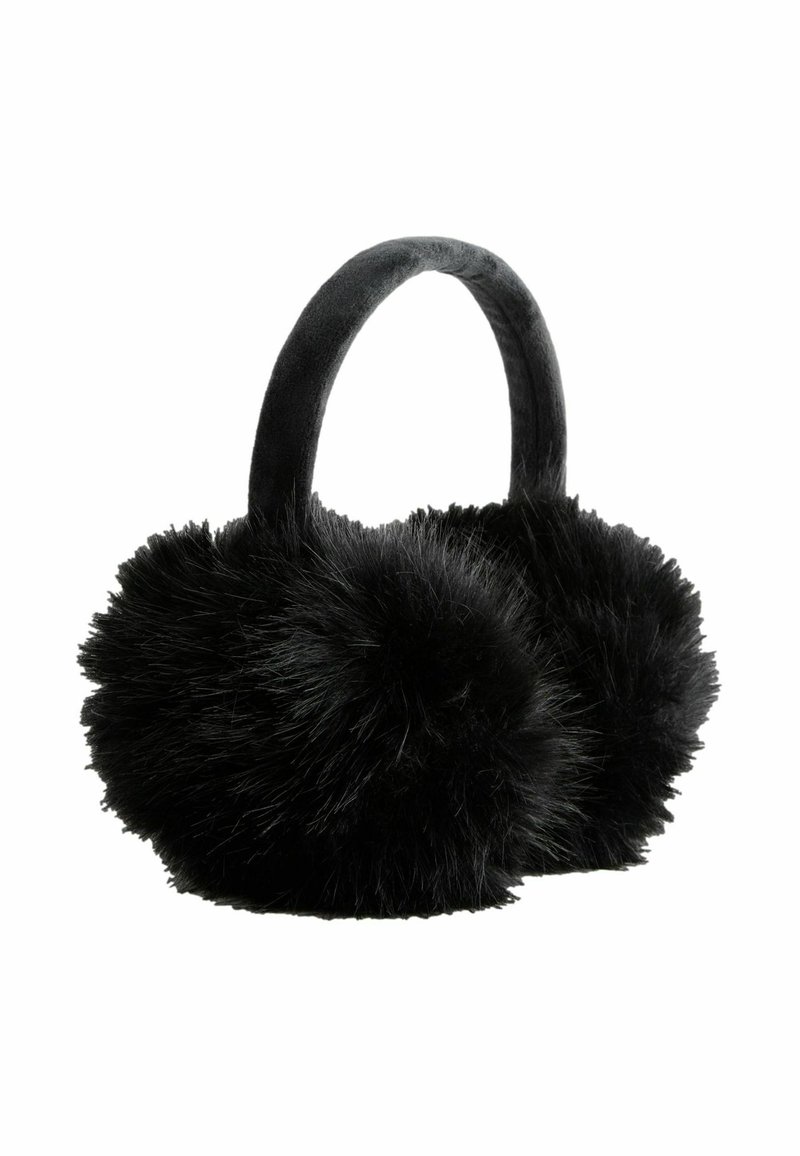 Schwarze Tasche mit abgerundetem, kuscheligem Design, zwei großen Kunstpelz-Pompons, einem glatten Stoffgriff und ohne sichtbare Metallbeschläge.