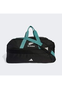 Sort duffel bag med teal stropper, featuring et meshpanel, hvidt logo og triangelakcenter. Lynlåslomme til sikker opbevaring.