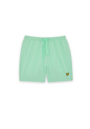 Mintgrüne Badeshorts mit elastischem Bund, Kordelzug und kleinem gelben und schwarzen Logo am unteren linken Bein.