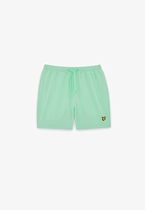 Pantaloncini da bagno verde menta con vita elasticizzata, coulisse e piccolo logo giallo e nero sulla gamba sinistra inferiore.