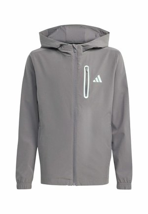 Niño de pie y sonriendo, lleva una chaqueta con capucha gris, pantalones deportivos negros, camiseta negra y zapatillas plateadas con suelas blancas.