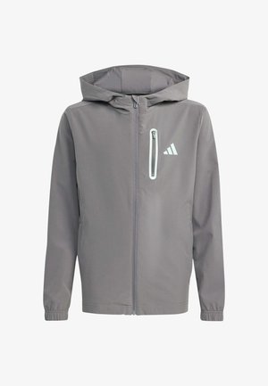 Niño de pie y sonriendo, lleva una chaqueta con capucha gris, pantalones deportivos negros, camiseta negra y zapatillas plateadas con suelas blancas.