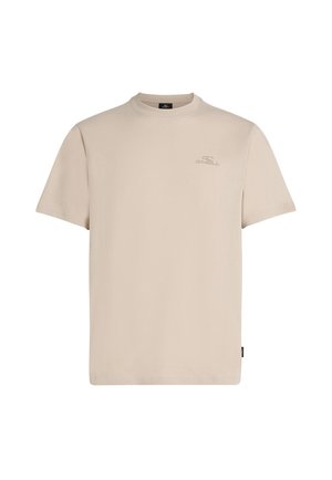Beige katoenen t-shirt met een ronde hals, korte mouwen en een klein gedrukt logo op de borst. Soepele textuur en normale pasvorm.