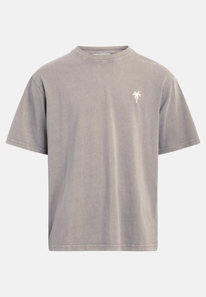 Hellgraues T-Shirt mit kurzen Ärmeln und Rundhalsausschnitt, kleines weißes Palmenlogo auf der linken Brust, schlichtes Design, lässige Passform.